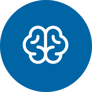 Icon of a white brain shape on a blue circular background.