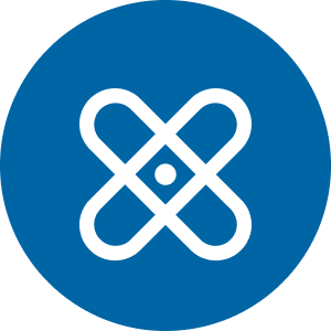 A white geometric logo resembling a stylized X with a central dot, enclosed in a blue circle.