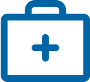A blue icon of a medical kit with a handle on top and a white cross in the center.