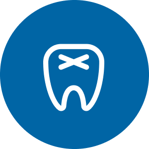 A white tooth icon with a stylized bandage or X symbol on it, indicating dental repair or treatment.