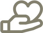 An icon of a hand holding a heart. The hand is open with the palm facing up, and the heart rests above the palm. The design is simple, with a monochrome color scheme.
