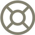 A simple gray lifebuoy icon on a white background, featuring a circular ring with four supporting straps evenly spaced around it.