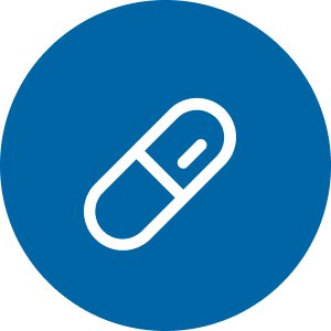 A white capsule icon on a blue circular background.