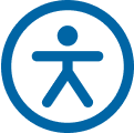 icona-accessible-to-all Icon of a person with arms and legs extended, enclosed in a circle, symbolizing accessibility. The design is in blue.