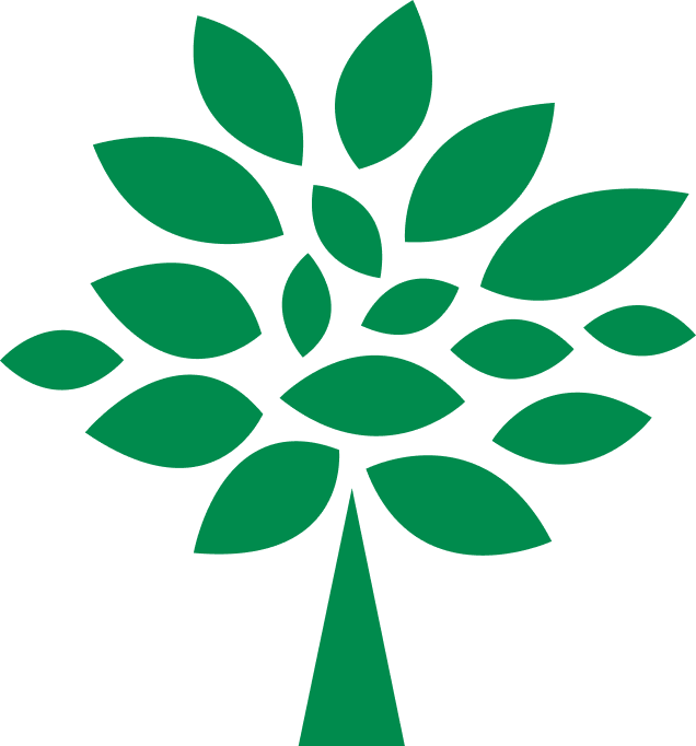 Green geometric tree with a triangular trunk and symmetrical branches, each ending in a simplistic leaf shape. The overall design is minimalistic.