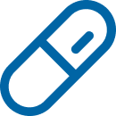 A simple blue outline of a capsule pill on a white background.