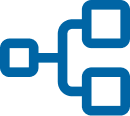 A blue flowchart icon with three connected rectangles, illustrating a branching structure with one rectangle leading to two others.