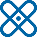 A stylized blue bandage icon features four symmetrical oval shapes forming an X with a small circle in the center, representing a medical or health-related symbol on a transparent background.