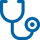 Icon of a stethoscope in blue, featuring a chest piece on the left and earpieces on the right, connected by a curved tube.