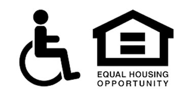 Symbols for wheelchair accessibility and equal housing opportunity, featuring a person in a wheelchair and a stylized house with an equal sign inside.