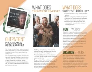 A brochure with information on outpatient programs and peer support for recovery. It includes sections titled What Does Treatment Involve? and What Does Success Look Like? with images of adults gathered and smiling.