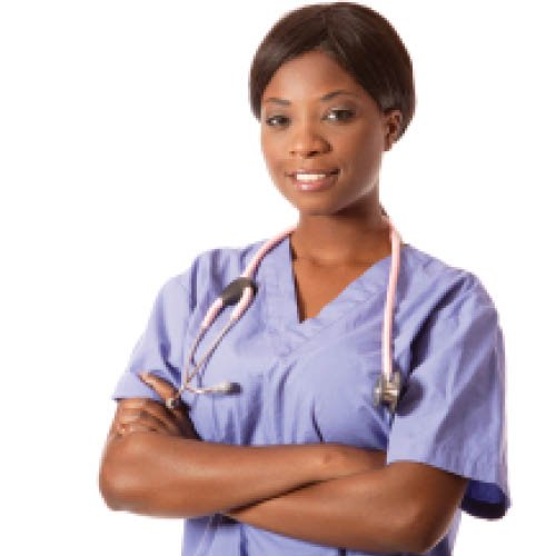 Woman in medical scrubs with a stethoscope around her neck stands with arms crossed and smiles at the camera against a white background.