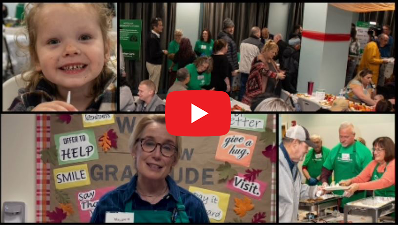 A collage showing a child eating, a group at a social gathering, and volunteers serving food with gratitude-themed decorations during the Harbor Care Community Thanksgiving Meal.