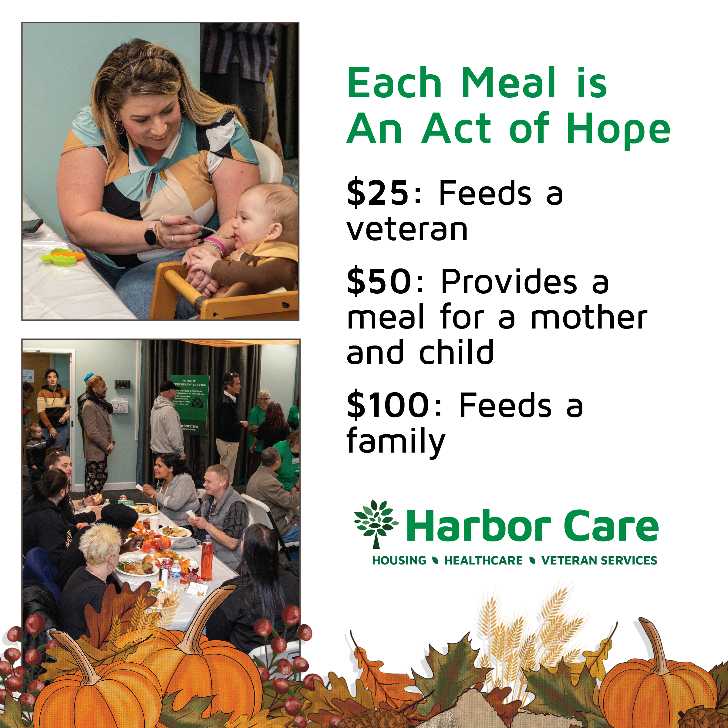 Giving Levels Image A woman feeds a baby in the top photo; below, people share a meal. Text describes meal donation amounts supporting veterans, mothers, children, and families for Harbor Care.