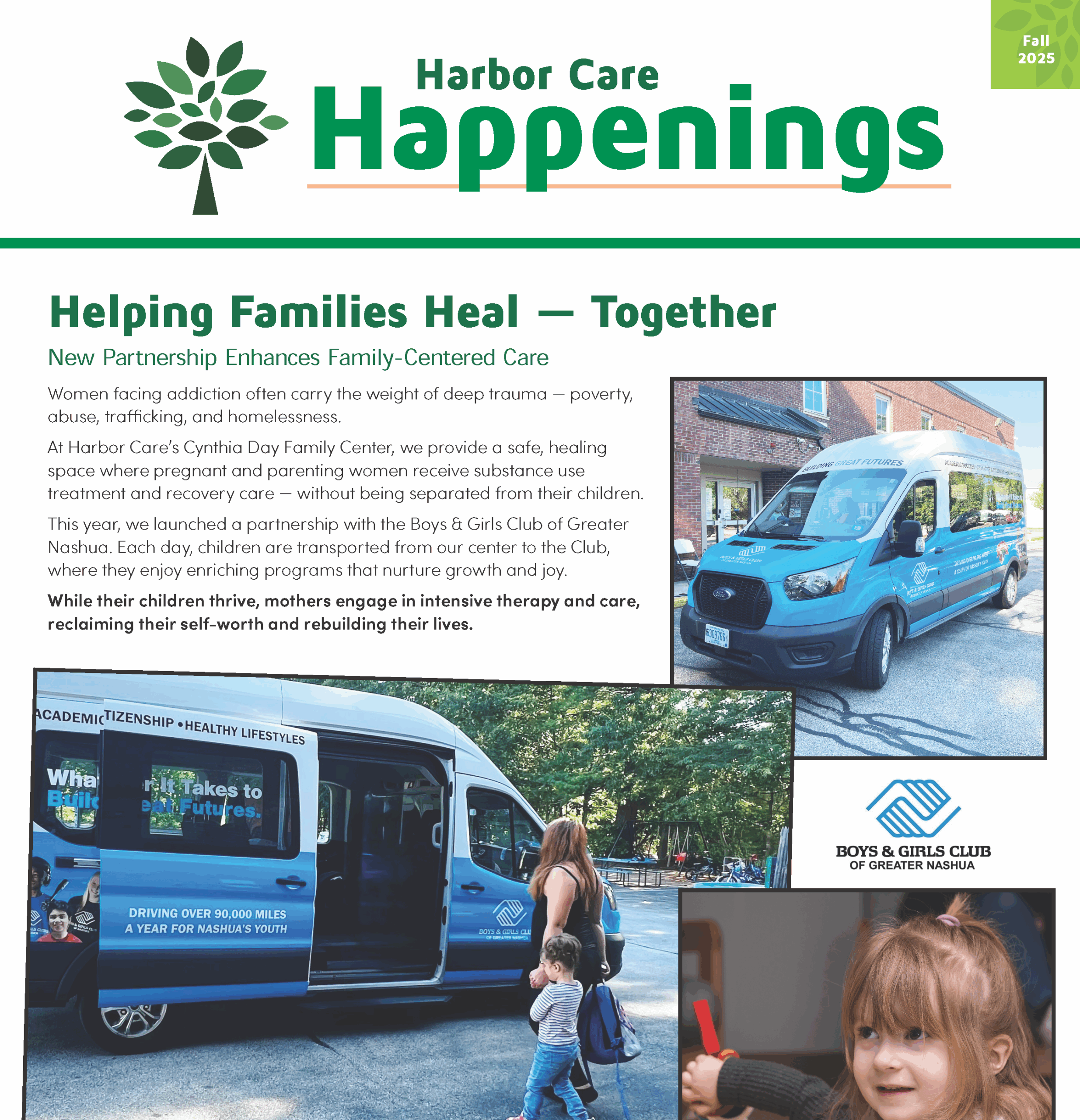 A newsletter cover titled Harbor Care Happenings features a story on family-centered care, photos of a shuttle van, and a Boys & Girls Club of Greater Nashua logo.