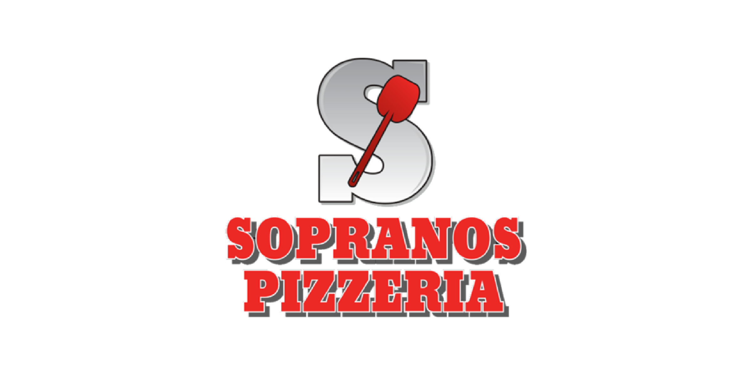 Sopranos Pizzeria logo 2×1 Logo for Sopranos Pizzeria featuring a large gray letter S with a red pizza peel, and the name in bold red text below—perfect for promoting your Harbor Care Community Thanksgiving Meal event.