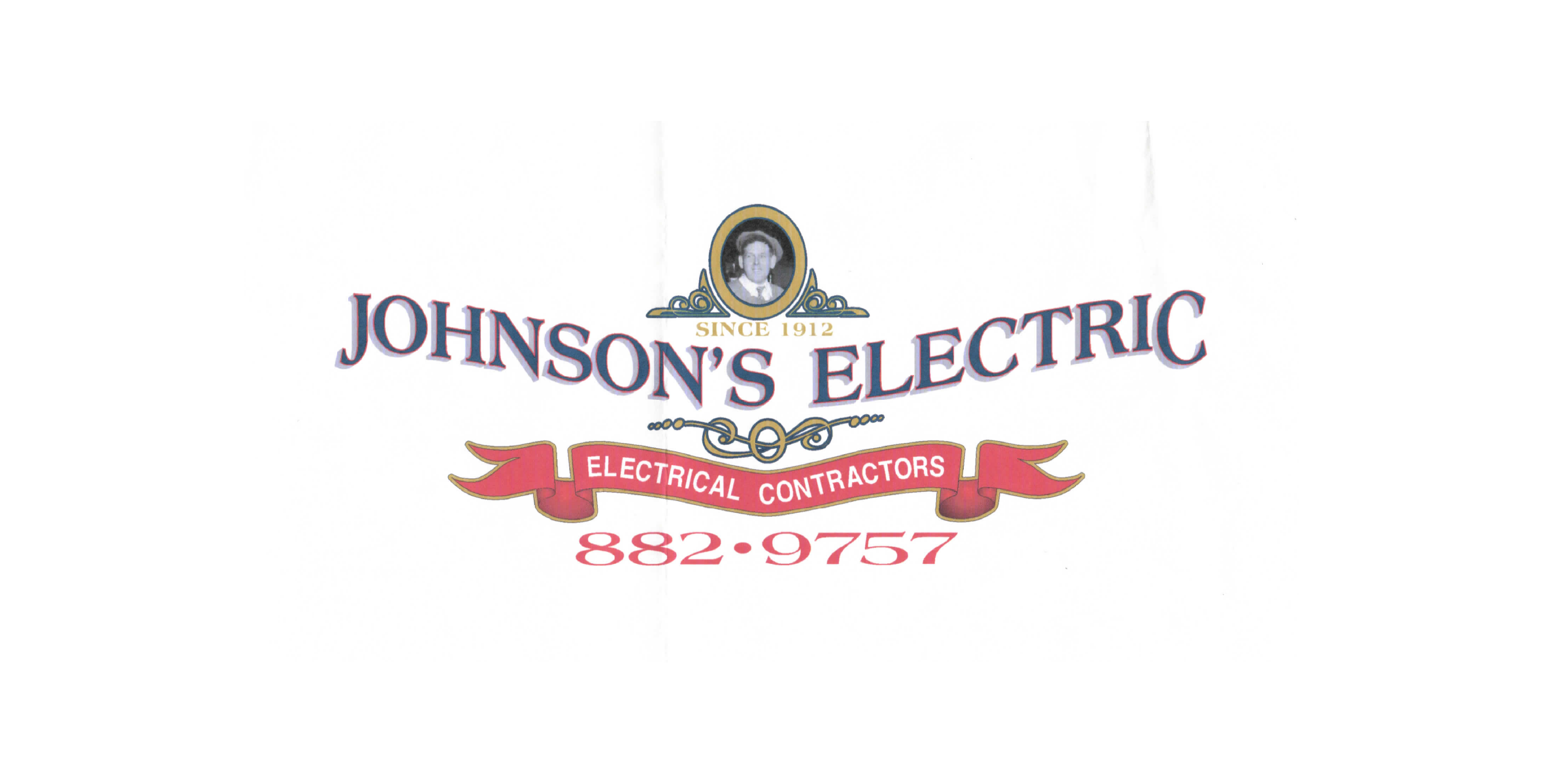 johnson electric LOGO 2×1 Logo for Johnsons Electric, featuring a black-and-white portrait, "Since 1912," Electrical Contractors, and the phone number 882-9757 on a red ribbon—proud supporter of the Harbor Care Community Thanksgiving Meal.