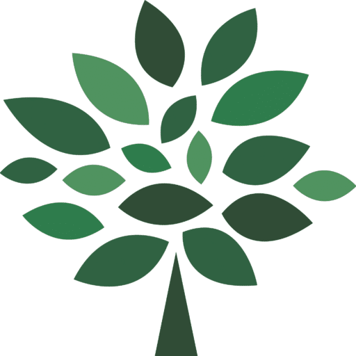 Stylized illustration of a tree with overlapping green leaves and a dark green trunk, arranged in a symmetrical, abstract design.