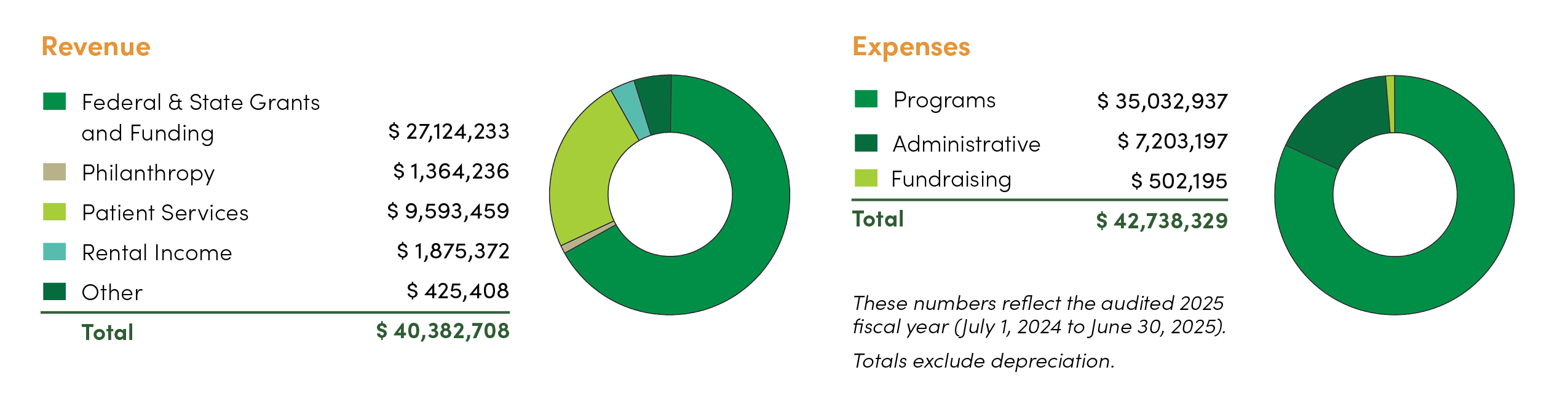 Two donut charts display fiscal year 2025 revenue and expenses breakdowns; revenue totals $40,382,708, and expenses total $42,738,329, with labeled categories and values for each.