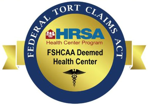 Circular badge with Federal Tort Claims Act and FSHCAA Deemed Health Center, displaying the HRSA Health Center Program logo and a medical caduceus symbol.